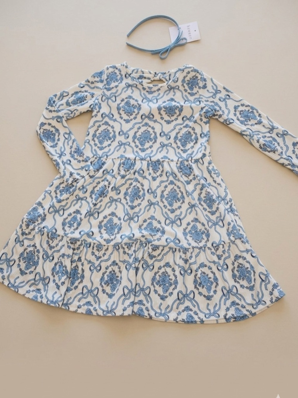 Girls' Blue Floral Tiered Long-Sleeve Dress
